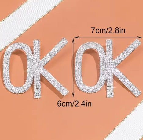 Shiny Rhinestone Statement Letter Large OK Earrings Stud Jewelry