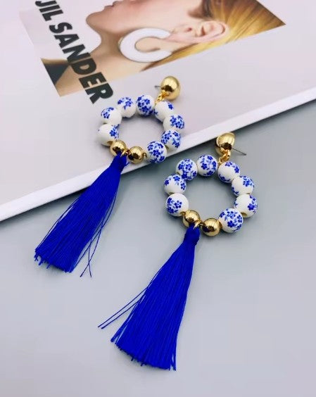 Handmade Ceramic Earrings with Ethnic Fringe and Beads earrings