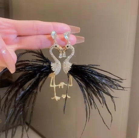 Gold Rhinestone Flamingo Bird Drop Earrings