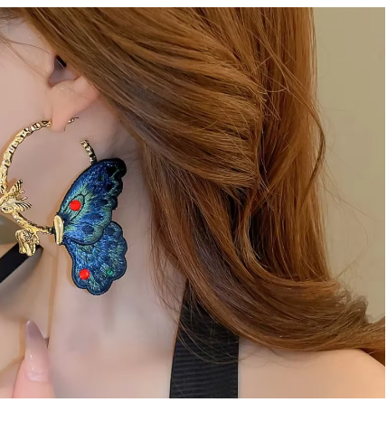 Embroidered Blue Butterfly Earrings