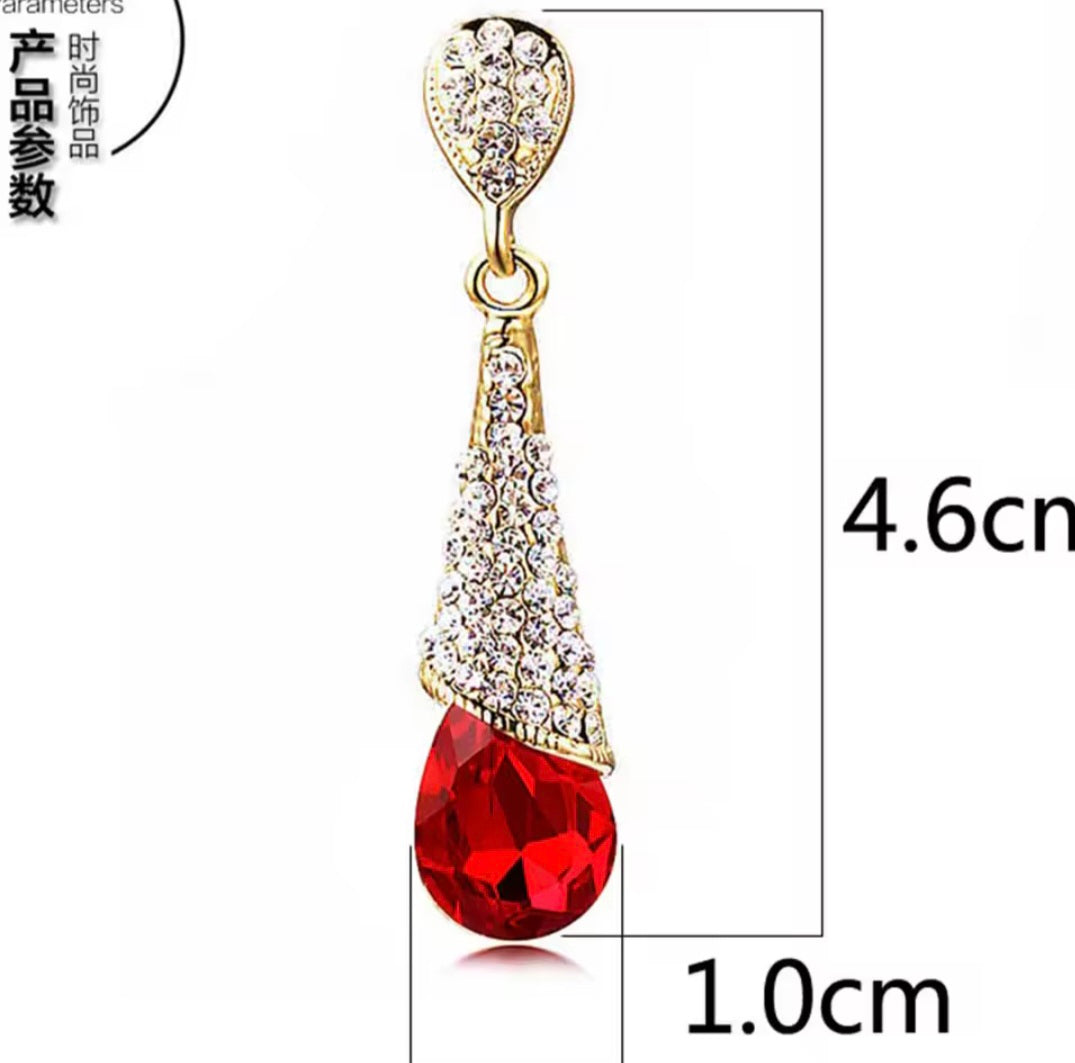 Long Clip on Earrings Non Pierced With Red Rhinestone Tear Drop