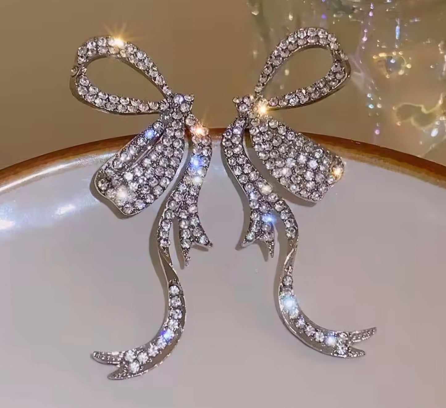Elegant, Rhinestone Bow Drop Earrings.