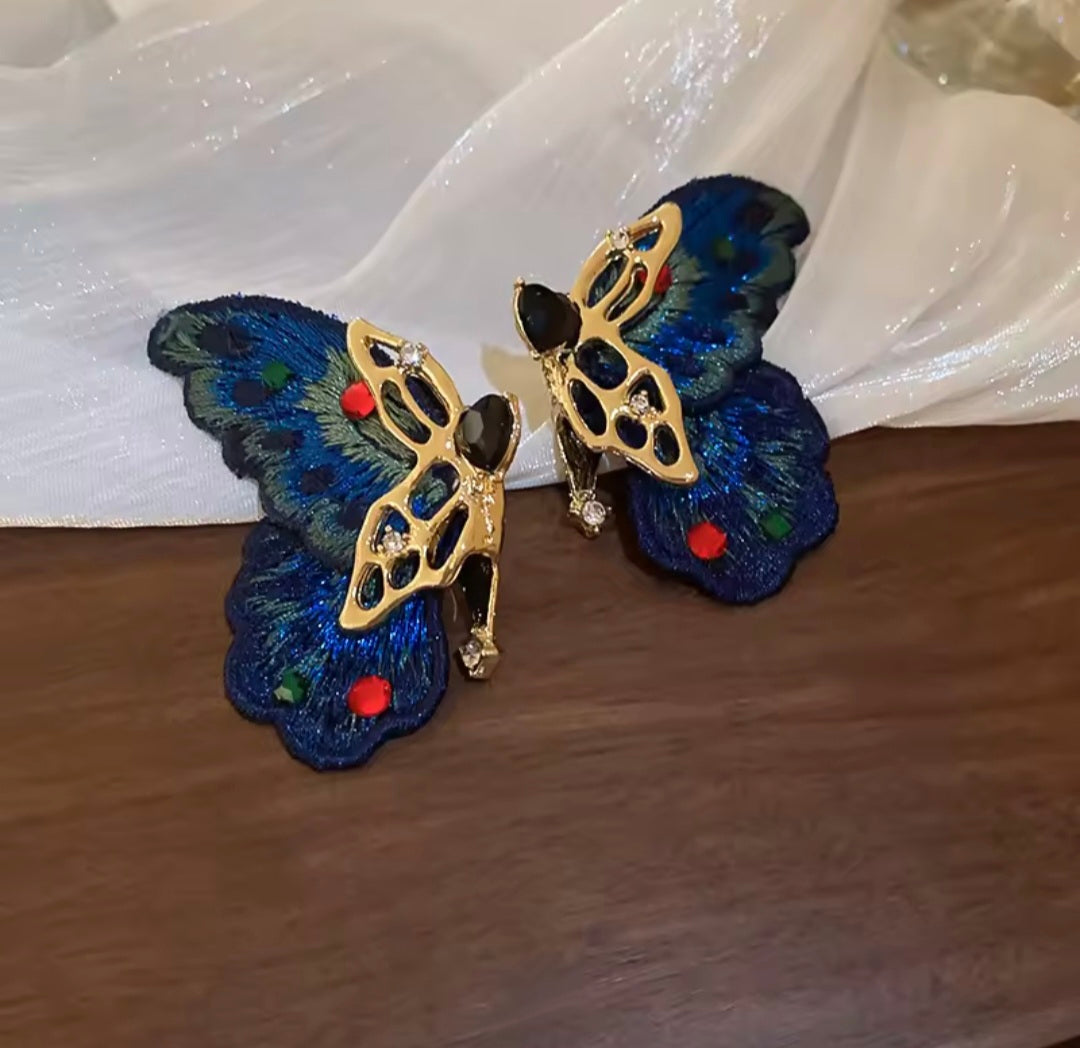 Embroidered Blue Butterfly Earrings