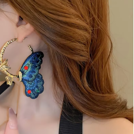 Embroidered Blue Butterfly Earrings
